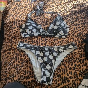 Y2K Cherry Print Bikini Set – Hot Kiss Black Halter Tie Low Rise